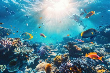 Underwater - Blue Tropical Seabed With Reef And Sunbeam. Beautiful simple AI generated image