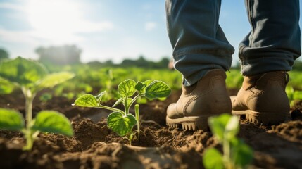 work boots and overalls kneeling to inspect soil quality in a vast farm field, 