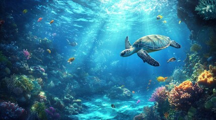 Fototapeta premium Sea Turtle Swimming Through Coral Reef