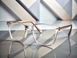 Stylish, modern, transparent-framed glasses perch on a sleek, minimalist background, showcasing a trendy, geometric design with clean lines and a subtle, metallic accent.