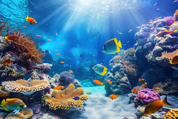 Fototapeta premium Underwater - Blue Tropical Seabed With Reef And Sunbeam. Beautiful simple AI generated image