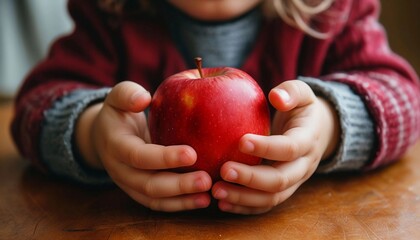 Human hands of a child holding ripe red apple over the table