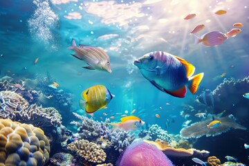 Obraz premium Underwater - Blue Tropical Seabed With Reef And Sunbeam. Beautiful simple AI generated image