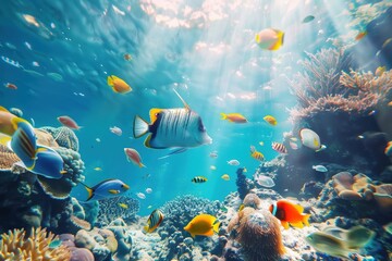 Underwater - Blue Tropical Seabed With Reef And Sunbeam. Beautiful simple AI generated image