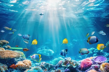 Fototapeta premium Underwater - Blue Tropical Seabed With Reef And Sunbeam. Beautiful simple AI generated image