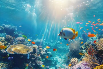 Underwater - Blue Tropical Seabed With Reef And Sunbeam. Beautiful simple AI generated image