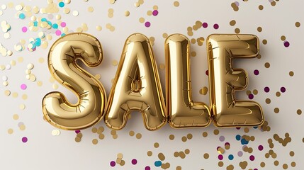 A striking promotional banner showcases the word 'SALE' in elegant golden metallic letters, surrounded by a festive confetti border against a clean white background, enticing shoppers