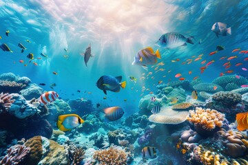 Underwater - Blue Tropical Seabed With Reef And Sunbeam. Beautiful simple AI generated image