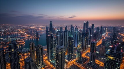 Obraz premium Dubai Skyline: Cityscape Timelapse of Lake Towers at Dusk