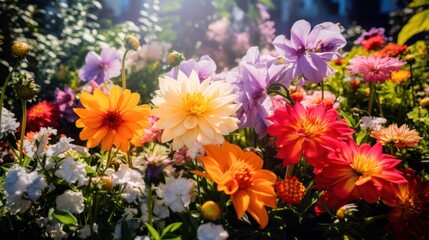 Colorful assortment of garden flowers and green plants in full bloom