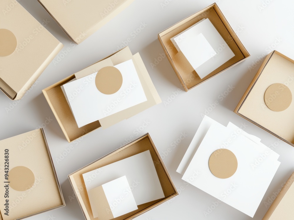 Poster black boxes with white wrapping paper and circle labels. rendering in 3d