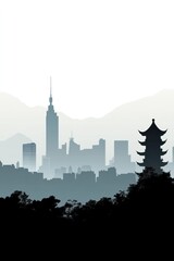 Modern city skyline with mountains and pagoda in view.