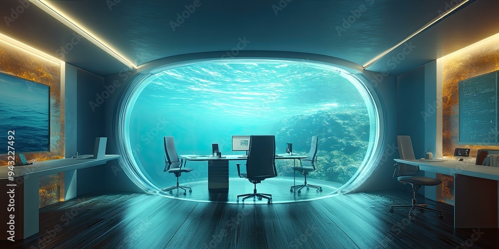 Poster office with underwater view through a large window.