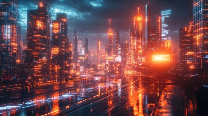 Fototapeta premium AIcontrolled world, advanced technology, futuristic urban landscape, holographic displays.