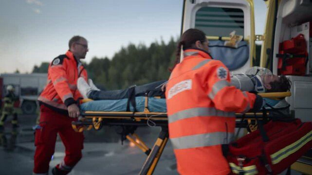 First Responders Provide Critical Care at an Accident Scene With a Crashed Car on Fire. Paramedics Take Patient on a Stretcher to Ambulance while Firefighters Extinguish the Flames in the Background