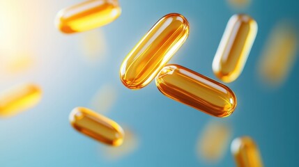 Essential Wellness: Floating Supplement Capsules Emphasizing Health Benefits on Minimalist Background with Copy Space