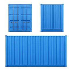 Ship container front and side view set isolated on white background. Vector realistic illustration of blue metal box for cargo transportation by sea, steel crate mockup for maritime freight delivery