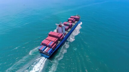 A container ship moves gracefully through deep blue waters, leaving a trail of splashes as it transports a colorful array of cargo under stunning natural lighting