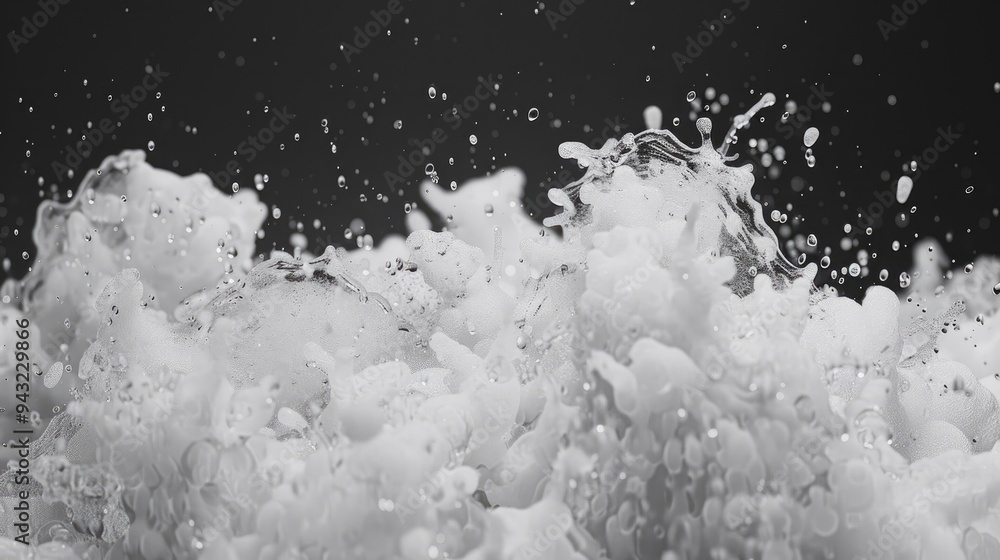 Poster water droplets fall from above, creating a mesmerizing splash against a black background. the drople