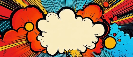 Colorful comic book style background featuring vibrant shapes and a blank speech bubble for creative text placement.