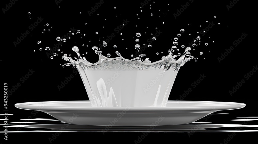 Poster water droplets fall from above, creating a stunning splash against a black backdrop. the imagery cap