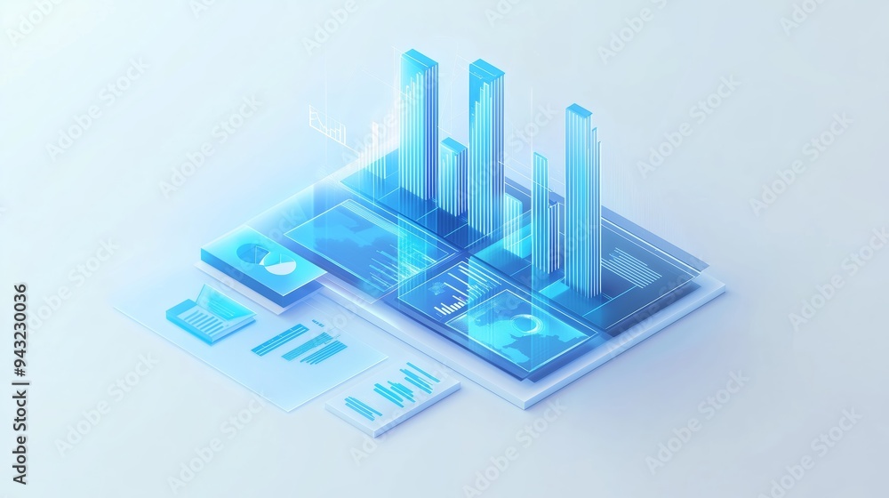 Poster visual representation of data analytics with digital graphs and charts in a modern workspace setting
