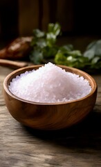 Fototapeta premium White salt in a wooden plate