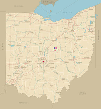Road map of Ohio, US American federal state. Editable highly detailed transportation map of Ohio with highways and interstate roads, rivers and cities realistic vector illustration