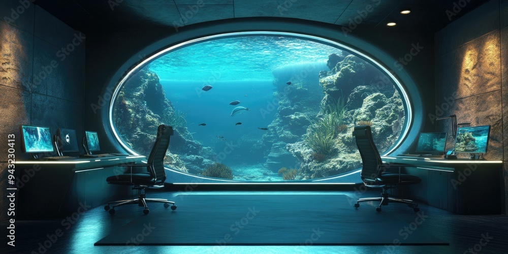 Poster underwater view office with two computers.