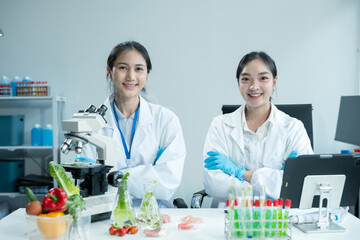 Team Microbiologists Analyzing Molecular Samples in Advanced Food Science Laboratory, Dietitian food and medicine.