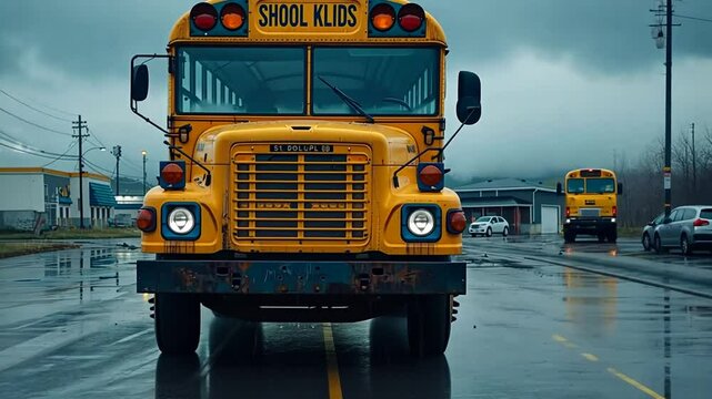 Yellow school bus parked in the rain on a cloudy day in an urban area