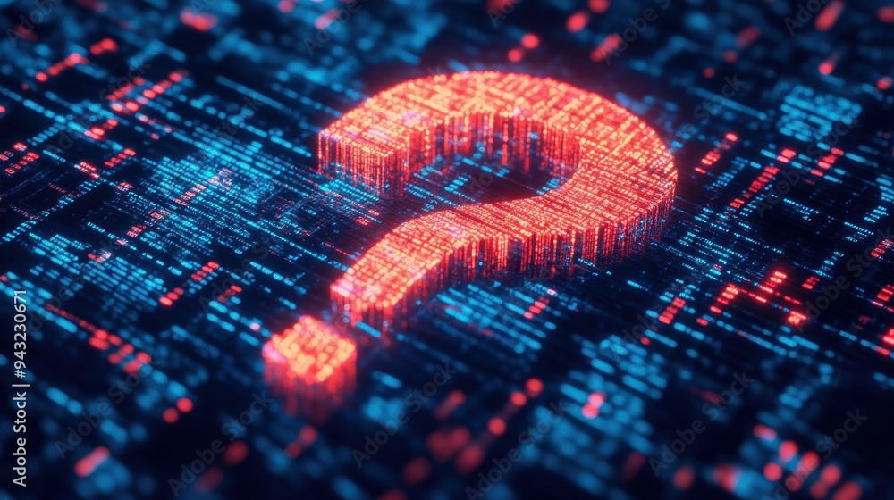 Poster digital question mark glowing in neon colors, surrounded by vibrant data patterns, symbolizing inqui