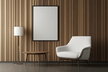 Mockup of a blank poster on the wall in a living room with a black frame
