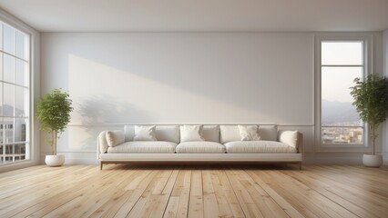 Fototapeta premium Minimalist Living Room with White Sofa and Wooden Floor