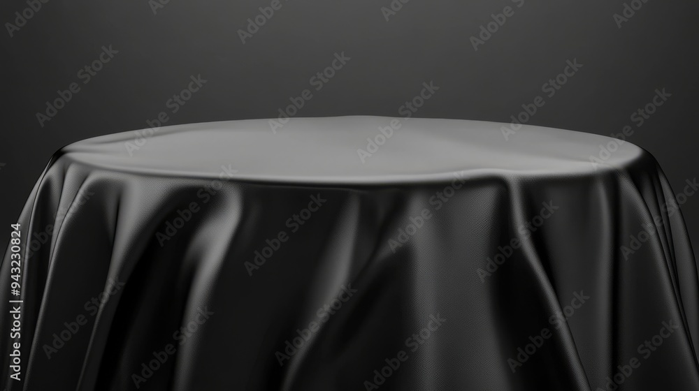 Poster this is a trade show advertising table format with a black rectangle tablecloth. this is a 3d render