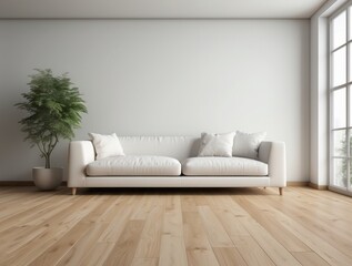 White Sofa in Minimalist Living Room with Wooden Floor