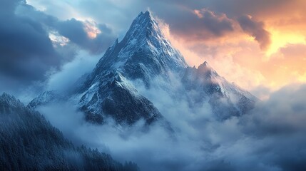 Obraz premium Majestic Mountain Peak Shrouded in Mist at Dawn. copy space for text.