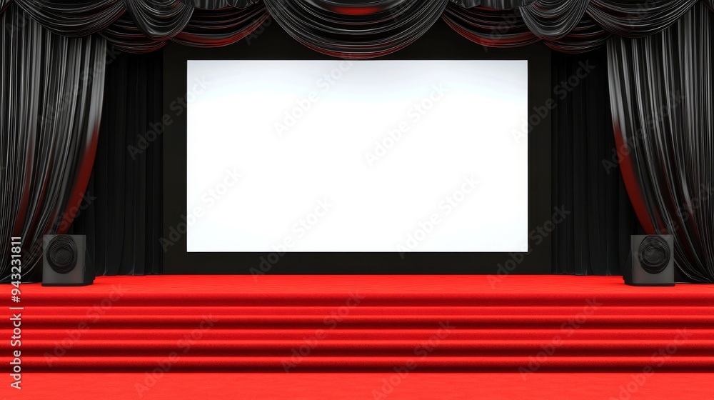 Poster an empty banner backdrop is seen behind a 3d render of a press wall on a red carpet.