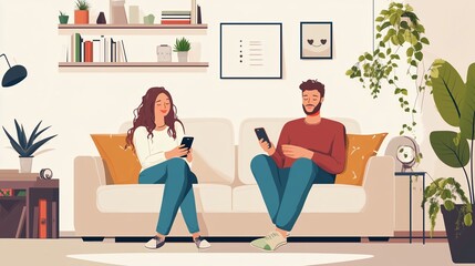 Couple relaxing together in a cozy living room, both engaged with their smartphones during a relaxing afternoon at home