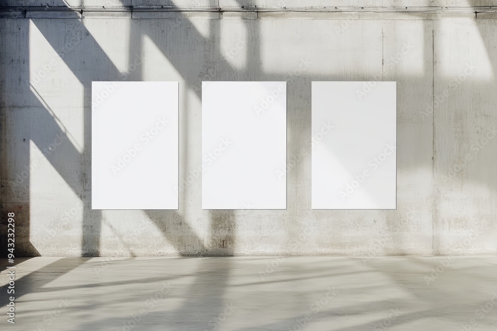 Poster the mockups are minimalist white vertical rectangles with diagonal window shadows on gray concrete w