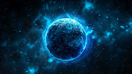 Obraz premium Glowing blue planet in space surrounded by cosmic energy and starry background.