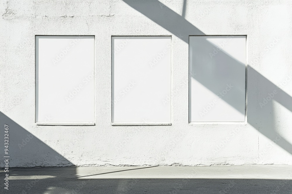 Poster three blank white vertical rectangle mockups with diagonal window shadows on gray concrete wall. for
