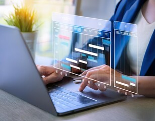 Concept of project management featuring a gantt chart icon and a project manager using a computer
