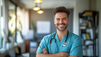 Confident Smiling Doctor with Stethoscope in a Modern Clinic