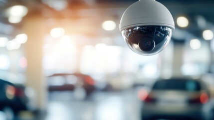 Fototapeta premium Modern security camera in a parking garage, providing surveillance and safety for vehicles in a well-lit environment.