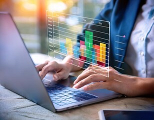 Concept of project management featuring a gantt chart icon and a project manager using a computer