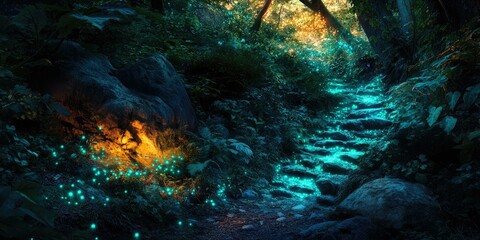 Enchanted forest path with glowing lights.