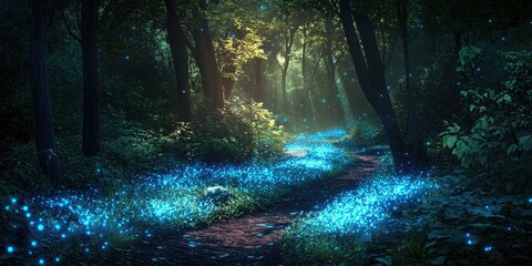 Fototapeta premium Forest path illuminated by blue fireflies.