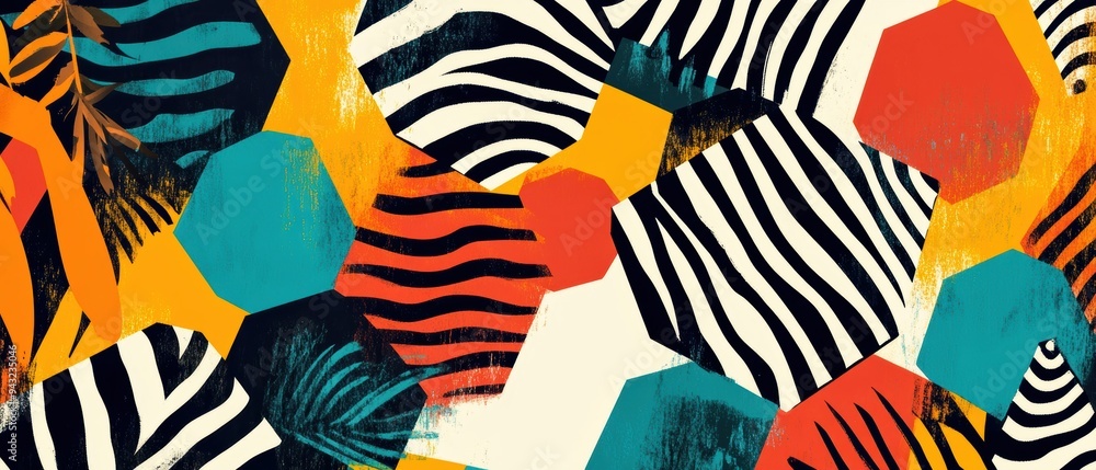 Poster vibrant abstract pattern featuring hexagons and zebra stripes in bold colors, perfect for creative a