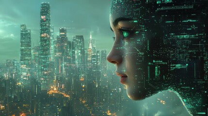 Futuristic cityscape, AI governance, digital control, holographic interfaces.